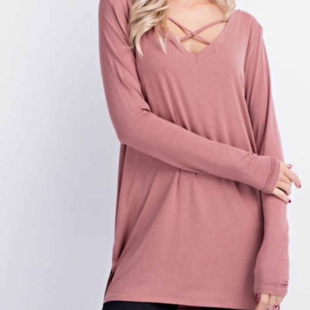 ODDY Bamboo Criss Cross V-Neck Top Rose Long Sleeve Top NWT